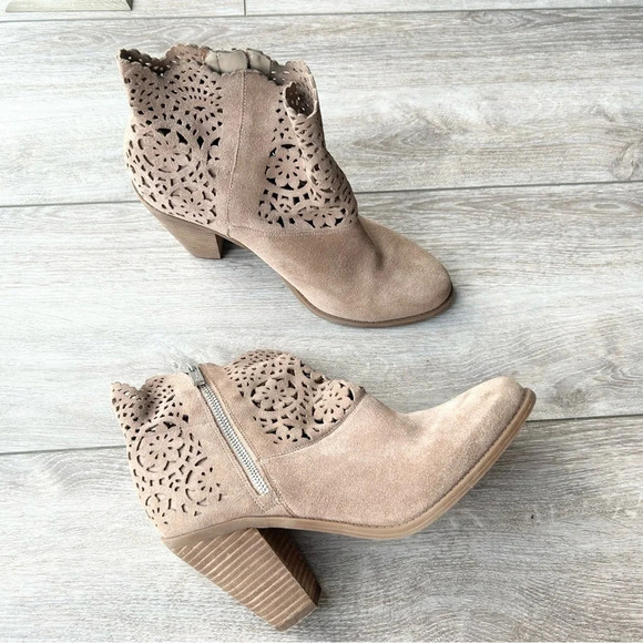 Jessica Simpson Tan Laser Cut Genuine Leather Suede Bootie - Picture 2 of 16